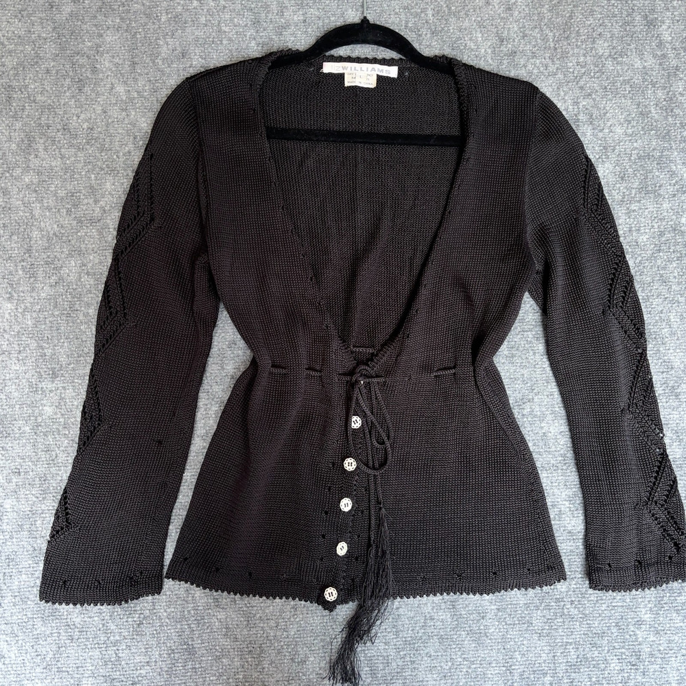 Vintage 90s Liz Williams NYC Black Tie Front Cardigan Textured Boho Goth Large